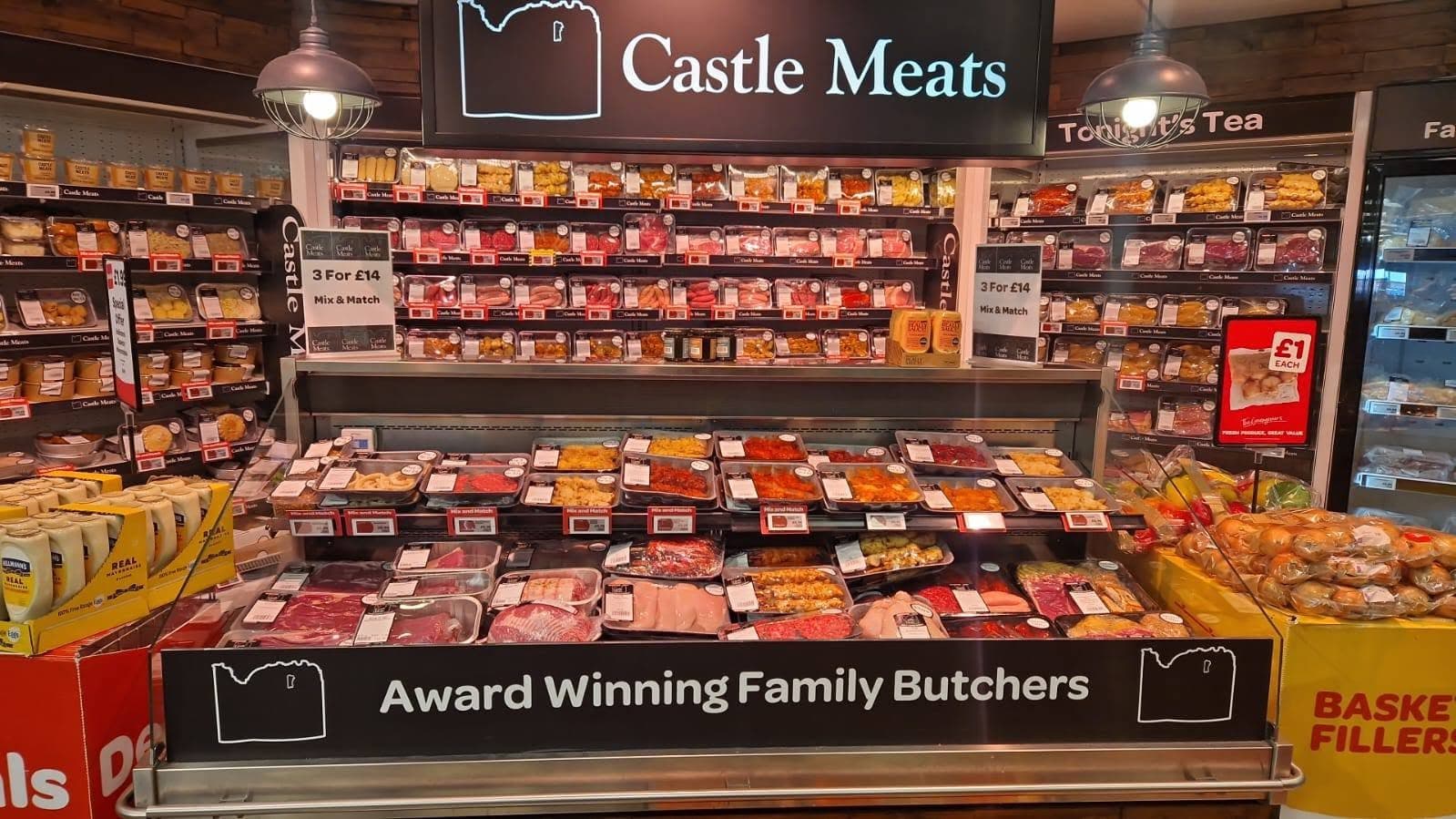 Castle Meats branded butcher counter with a wide selection of fresh meat
